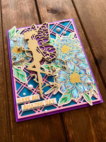 Gold Fairy Card: Blue Floral Embossed Handmade Greeting