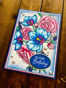 Blue Orchid & Pink Rose Birthday Card: Floral Art Celebration