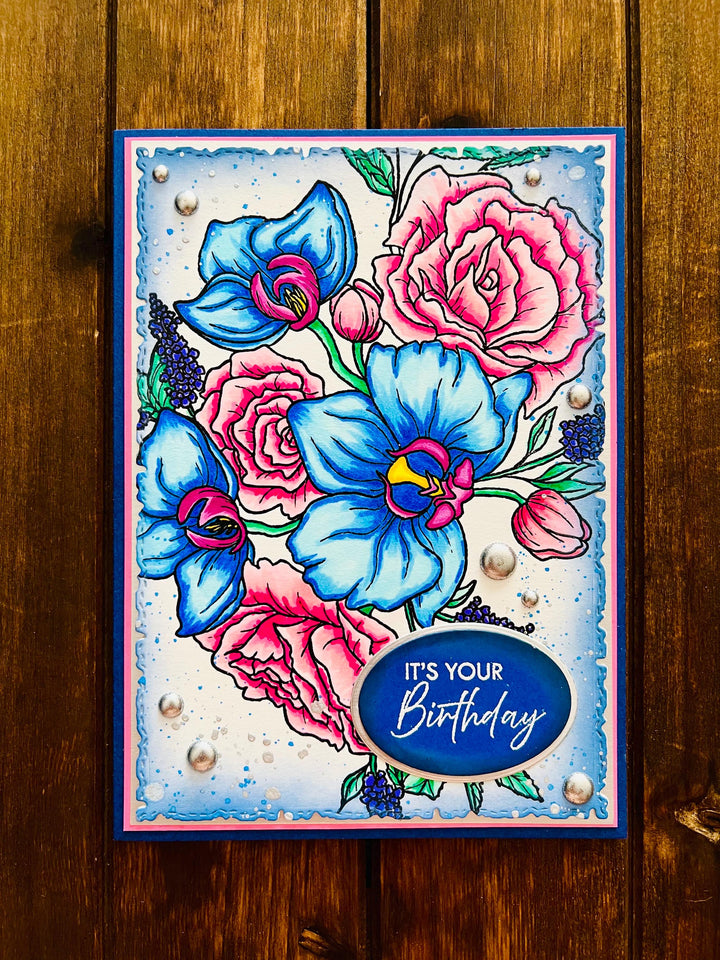 Blue Orchid & Pink Rose Birthday Card: Floral Art Celebration