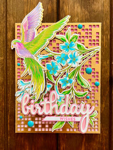 Handmade Birthday Card – Tropical Bird with Blue Tuberose and Pastel Florals, Nature-Inspired Greeting