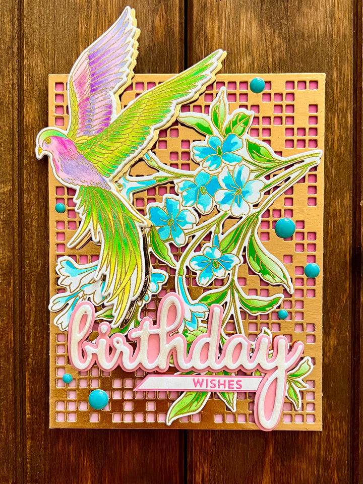 Handmade Birthday Card – Tropical Bird with Blue Tuberose and Pastel Florals, Nature-Inspired Greeting