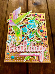 Handmade Birthday Card – Tropical Bird with Blue Tuberose and Pastel Florals, Nature-Inspired Greeting