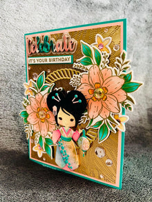 Kimono Doll Birthday Card: Peach Florals, Gold Embossed