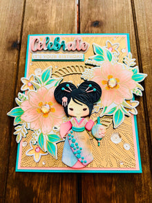 Kimono Doll Birthday Card: Peach Florals, Gold Embossed