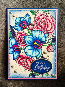 Blue Orchid & Pink Rose Birthday Card: Floral Art Celebration