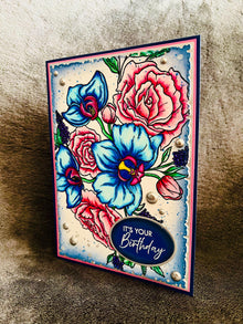 Blue Orchid & Pink Rose Birthday Card: Floral Art Celebration