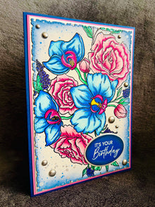 Blue Orchid & Pink Rose Birthday Card: Floral Art Celebration