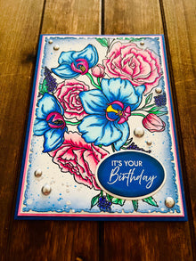 Blue Orchid & Pink Rose Birthday Card: Floral Art Celebration