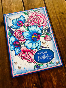 Blue Orchid & Pink Rose Birthday Card: Floral Art Celebration