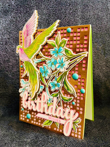 Handmade Birthday Card – Tropical Bird with Blue Tuberose and Pastel Florals, Nature-Inspired Greeting