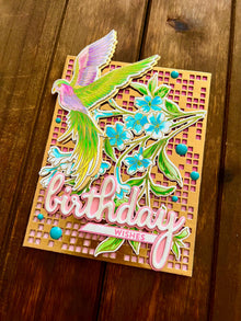 Handmade Birthday Card – Tropical Bird with Blue Tuberose and Pastel Florals, Nature-Inspired Greeting