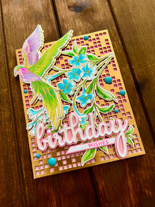 Handmade Birthday Card – Tropical Bird with Blue Tuberose and Pastel Florals, Nature-Inspired Greeting
