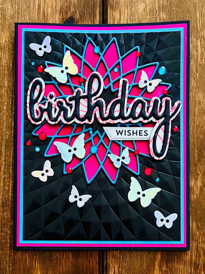 Handmade Birthday Card – Geometric Spiral Design with Butterfly Buttons, Whimsical Artistic Greeting