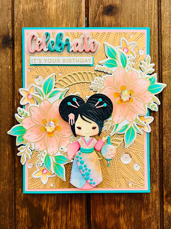 Kimono Doll Birthday Card: Peach Florals, Gold Embossed