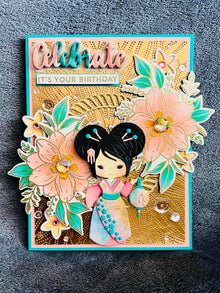 Kimono Doll Birthday Card: Peach Florals, Gold Embossed