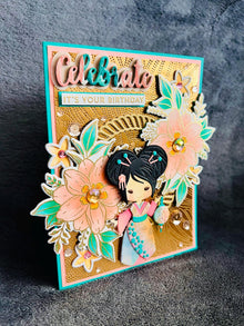 Kimono Doll Birthday Card: Peach Florals, Gold Embossed