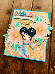 Kimono Doll Birthday Card: Peach Florals, Gold Embossed