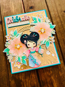 Kimono Doll Birthday Card: Peach Florals, Gold Embossed