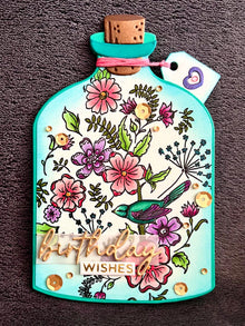 Whimsical Flowers and Bird in a Bottle Birthday Wishes Card