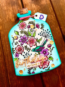 Whimsical Flowers and Bird in a Bottle Birthday Wishes Card