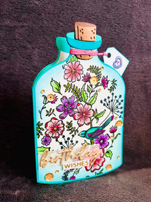 Whimsical Flowers and Bird in a Bottle Birthday Wishes Card