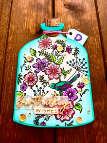 Whimsical Flowers and Bird in a Bottle Birthday Wishes Card