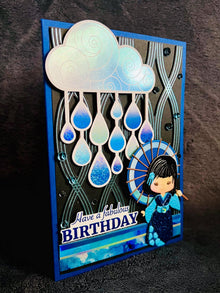 Blue Kimono Girl Birthday Card: Rainy Day Umbrella Design