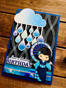 Blue Kimono Girl Birthday Card: Rainy Day Umbrella Design