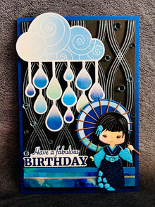 Blue Kimono Girl Birthday Card: Rainy Day Umbrella Design