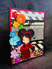 Rainbow Florals Red Kimono Girl with Small Lantern Pattern Paper Strip Background Birthday Card