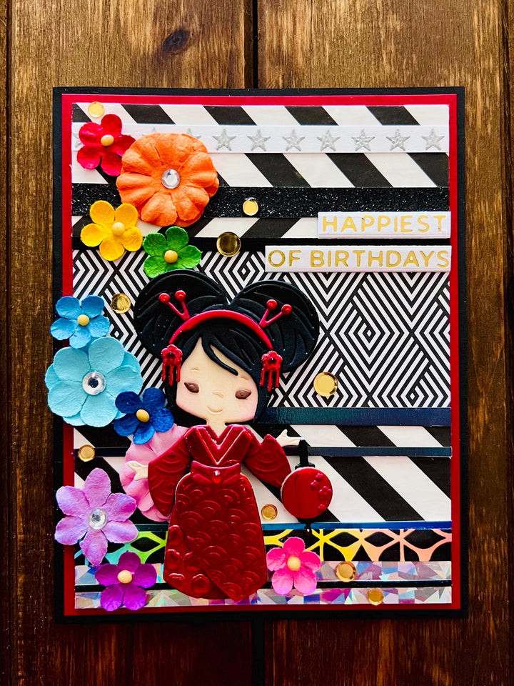 Rainbow Florals Red Kimono Girl with Small Lantern Pattern Paper Strip Background Birthday Card