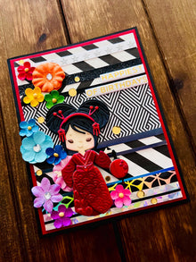 Rainbow Florals Red Kimono Girl with Small Lantern Pattern Paper Strip Background Birthday Card