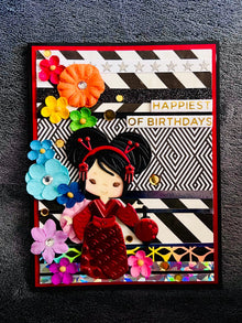 Rainbow Florals Red Kimono Girl with Small Lantern Pattern Paper Strip Background Birthday Card