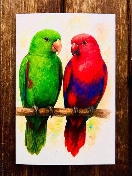 Lovebirds Greeting Card: Parrot Art, Romantic Watercolor Bird Card
