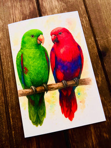 Lovebirds Greeting Card: Parrot Art, Romantic Watercolor Bird Card