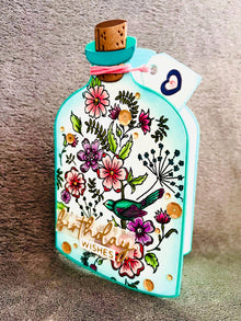 Whimsical Flowers and Bird in a Bottle Birthday Wishes Card