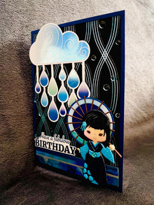 Blue Kimono Girl Birthday Card: Rainy Day Umbrella Design