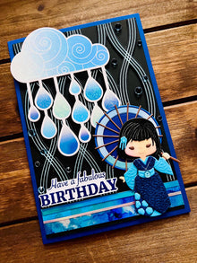 Blue Kimono Girl Birthday Card: Rainy Day Umbrella Design