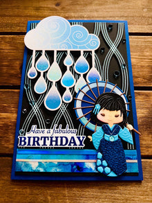 Blue Kimono Girl Birthday Card: Rainy Day Umbrella Design
