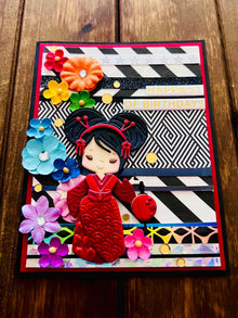 Rainbow Florals Red Kimono Girl with Small Lantern Pattern Paper Strip Background Birthday Card
