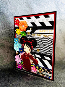 Rainbow Florals Red Kimono Girl with Small Lantern Pattern Paper Strip Background Birthday Card