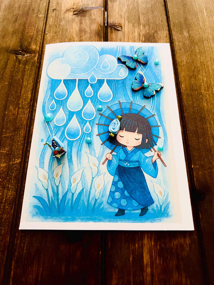 Blue Kimono Girl Rainy Day Blank Card