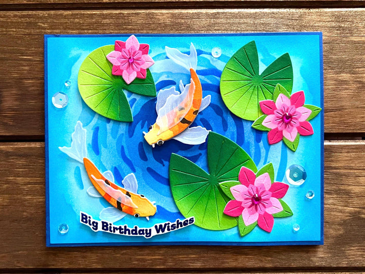 Koi Pond and Water Lilies in Swirling Pond Big Birthday Wishes Card