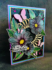 Two-toned Blue and Magenta Florals and Dimensional Vellum Butterflies Happy Birthday Card