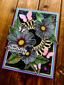 Two-toned Blue and Magenta Florals and Dimensional Vellum Butterflies Happy Birthday Card