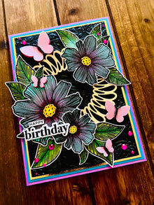 Two-toned Blue and Magenta Florals and Dimensional Vellum Butterflies Happy Birthday Card