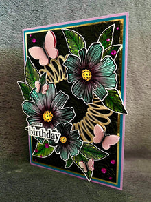 Two-toned Blue and Magenta Florals and Dimensional Vellum Butterflies Happy Birthday Card