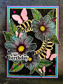 Two-toned Blue and Magenta Florals and Dimensional Vellum Butterflies Happy Birthday Card