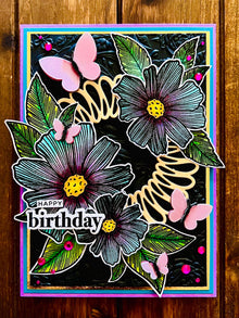 Two-toned Blue and Magenta Florals and Dimensional Vellum Butterflies Happy Birthday Card