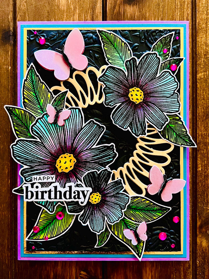 Two-toned Blue and Magenta Florals and Dimensional Vellum Butterflies Happy Birthday Card